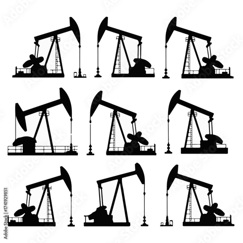 Industrial oil pumpjack silhouette collection. A set of isolated black icons representing petroleum drilling, fuel extraction, and global energy resources