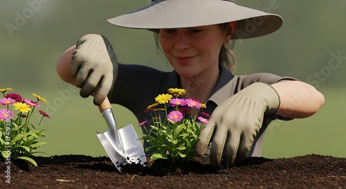 A Gardener Tenderly Plants Colorful Flowers into Fertile Soil, Creating a Beautiful Garden Scene