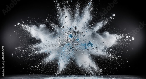 A dynamic explosion of white and blue powder and fragments erupting outwards against a dark background with fine particles scattering