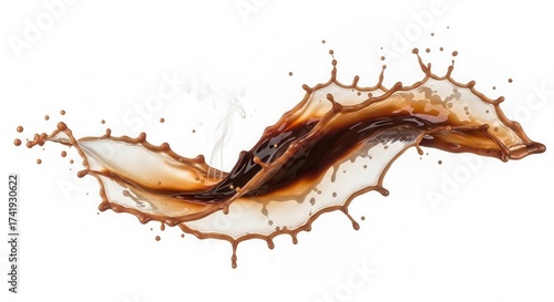 A dynamic two-toned brown liquid splashes and swirls propelled against a white background with droplets and wisps of steam evident