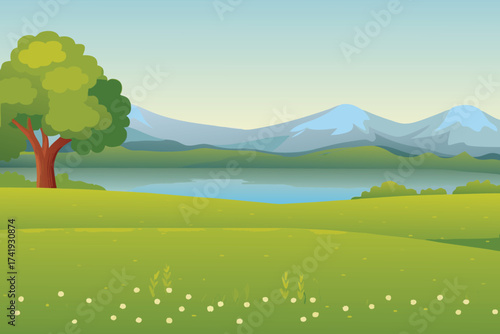 A peaceful landscape with a green meadow lake and distant mountains