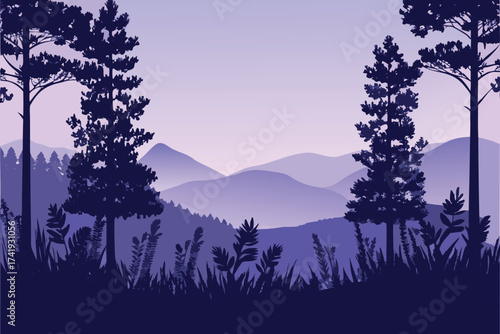 Purple mountain silhouette with pine trees and distant rolling hills