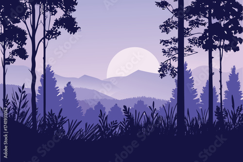 Silhouetted trees and mountains against a luminous moonlit sky