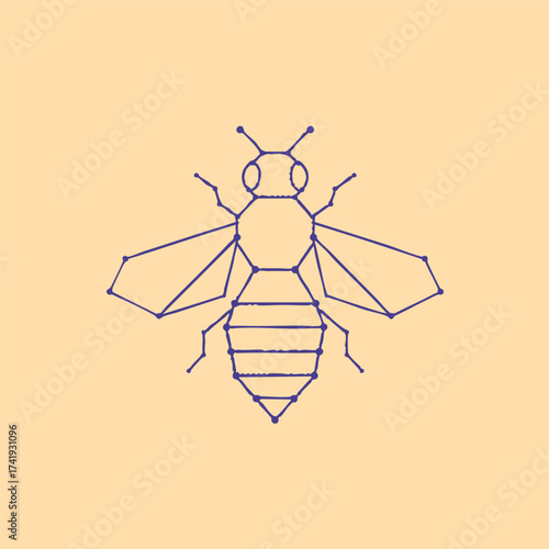 Minimalist Line Drawing of a Bee with Detailed Wings and Body on a Soft