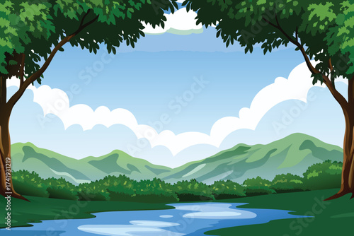 Scenic landscape with trees framing mountains and a flowing river