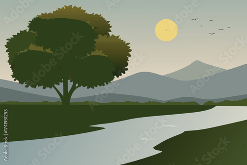 Peaceful landscape featuring a lone tree river mountains and a glowing sun