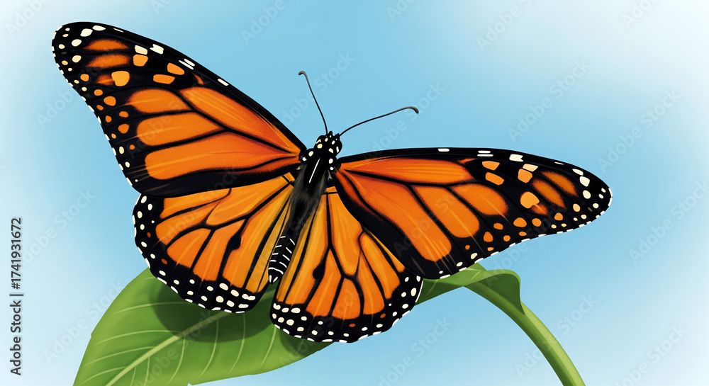 Naklejka premium Monarch Butterfly on a Leaf Against a Light Blue Sky Backdrop, wings outstretched