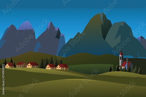 A peaceful village nestled amongst majestic mountains and rolling green hills