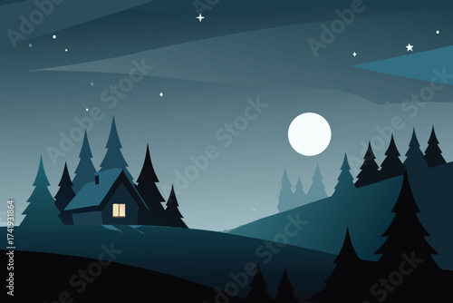A cozy cabin nestled amongst dark trees under a starry night sky