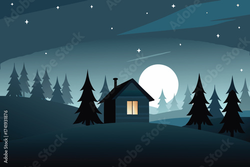 A cozy cabin nestled amongst silhouetted trees under a bright moon