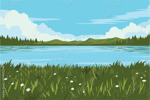 Peaceful lakeside landscape with green grass hills and a bright blue sky