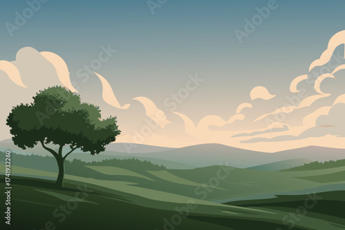 Serene landscape with a lone tree silhouetted against a pastel sky