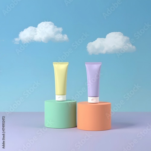 Wallpaper Mural Colorful cosmetic tubes standing on pastel geometric shapes beneath small clouds against a bright blue sky, creating a playful modern scene ideal for skincare branding, beauty product presentation, an Torontodigital.ca