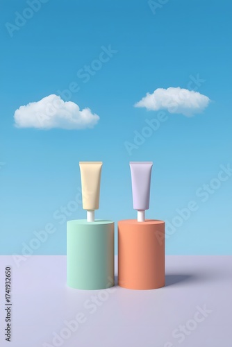 Wallpaper Mural Colorful cosmetic tubes standing on pastel geometric shapes beneath small clouds against a bright blue sky, creating a playful modern scene ideal for skincare branding, beauty product presentation, an Torontodigital.ca