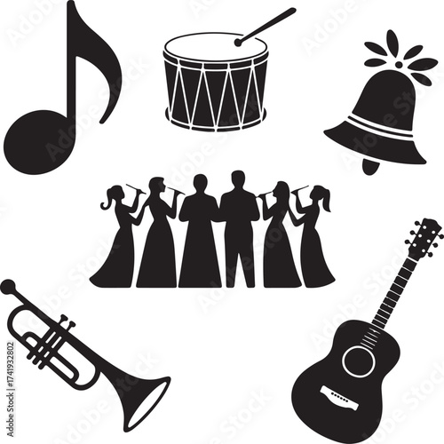 Christmas Music Silhouette Icon Set Vector Design