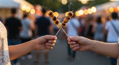 Wallpaper Mural Two hands holding skewers of grilled food at a festive market , summer festival couple   Torontodigital.ca