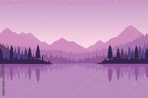 A serene landscape featuring purple mountains trees and a calm lake