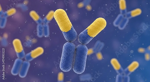 Close-up 3D illustration of a Y-shaped antibody molecule with blue and yellow chains, representing the body's immune system and targeted therapies