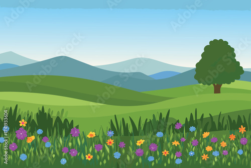 A serene landscape featuring rolling green hills and a solitary tree