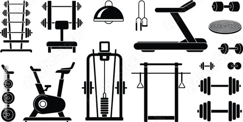 Gym equipment silhouette vector set, fitness icons collection, exercise machines illustration, workout tools design, bodybuilding accessories graphic, training gear symbols, health club 
