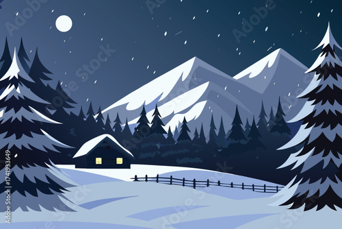 Cozy cabin nestled in a winter landscape beneath a starry night sky