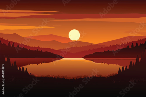 A serene landscape with a glowing sun reflecting on water and mountains