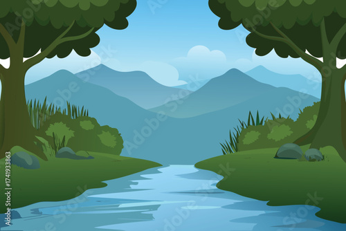 A peaceful landscape featuring a stream trees and distant mountains