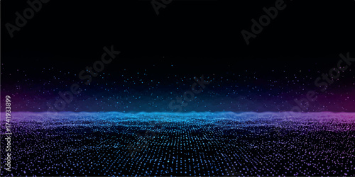 Abstract technology background with glowing particle dots on a futuristic landscape