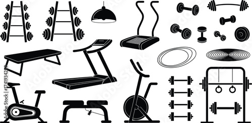 Gym equipment silhouette vector set, workout fitness icons collection, bodybuilding machines illustration, exercise tools design, strength training gear symbols,