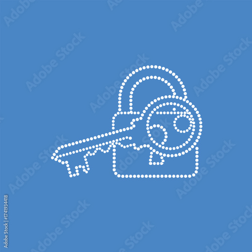 Dotted Line Art of a Key and Lock Symbolizing Security and Access on a Solid Blue