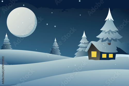 Winter landscape with a cozy cabin illuminated under a bright full moon
