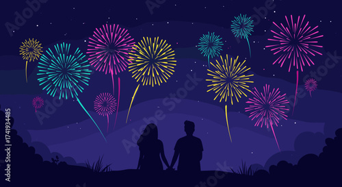 Couple watching colorful fireworks display at night outdoors, summer festival couple   