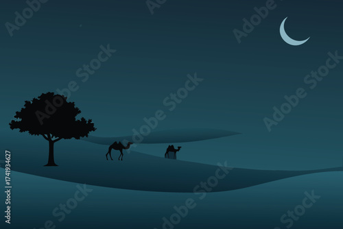 A serene night scene with a crescent moon camels and a silhouetted tree