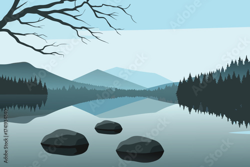 Serene landscape with mountains water reflection and dark silhouetted trees