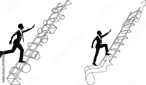 Business people climbing career ladder towards success silhouette