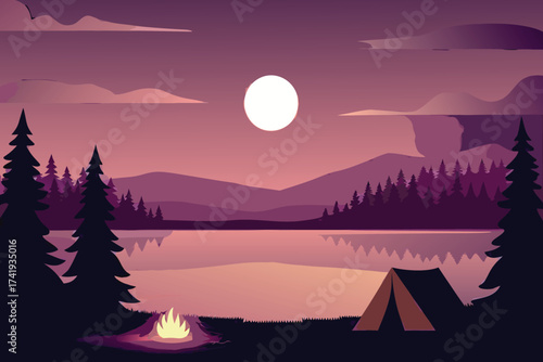 Serene lakeside campsite under a glowing moon and purple sky