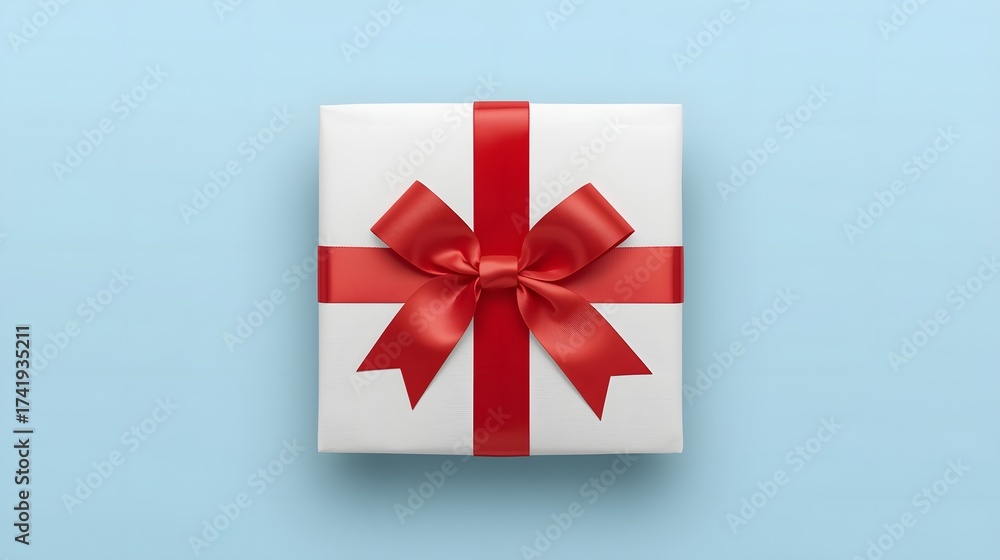 Fototapeta premium White gift box wrapped with a vibrant red satin ribbon and bow placed on a soft blue background, creating a clean festive presentation ideal for celebration, holiday design, and elegant product visual