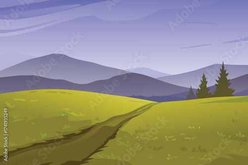 A simple landscape showing rolling hills mountains and a dirt path