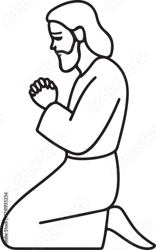 Line art illustration of jesus christ praying isolated on white background