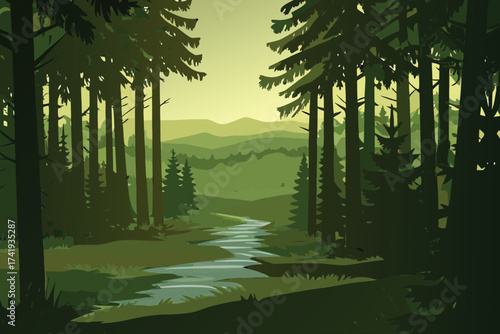 A serene forest landscape with a winding stream and distant mountains