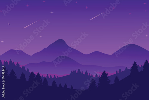Silhouetted mountain range under a starry dark purple night sky