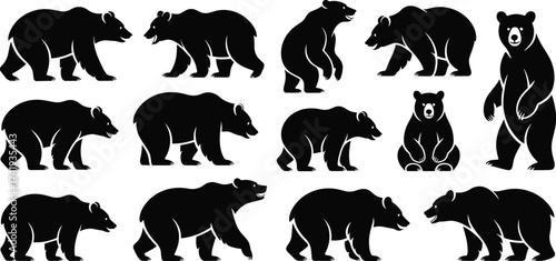 Collection of 13 Black Bear Silhouette Icons in Various Poses – Walking, Standing, Sitting, Roaring, Cartoon Style Wildlife Vector Graphic Set