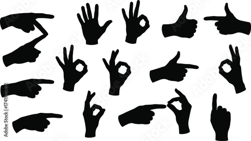 Black silhouette hand gestures vector illustration, various finger signs for communication, non-verbal expression, sign language, symbolic icons, isolated on white