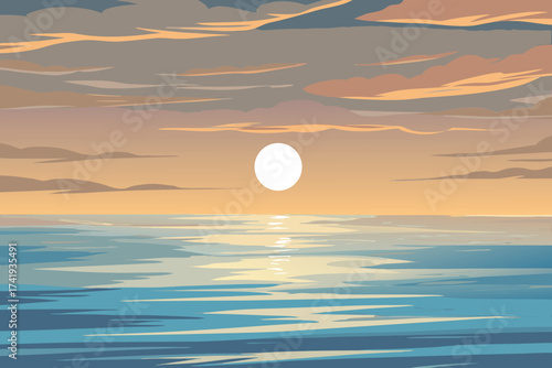 A serene sunset over the ocean with a bright glowing sun