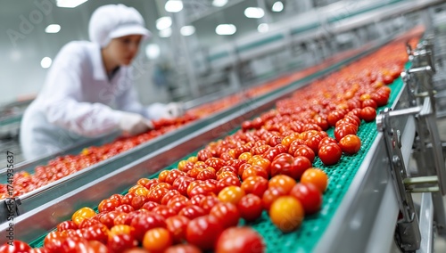 Fresh tomatoes move along a conveyor belt in a modern food processing plant showcasing agricultural production
