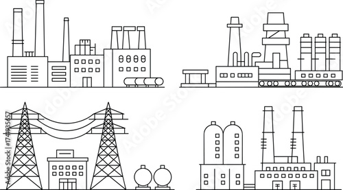 Industrial factory buildings illustration, power plant, refinery, transmission towers, line art, black and white, energy production, oil gas industry, isolated vector graphic