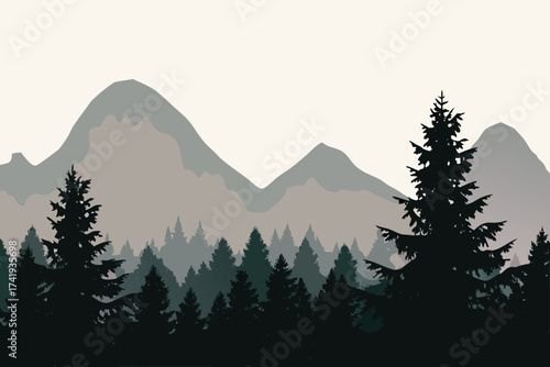 Silhouetted mountains and evergreen trees against a soft muted background