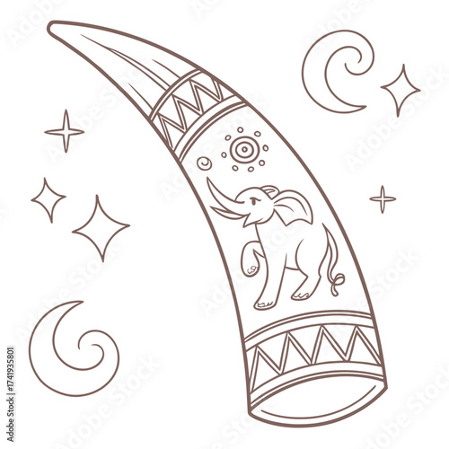 Decorated Tusk with Elephant and Celestial Motifs Coloring Page