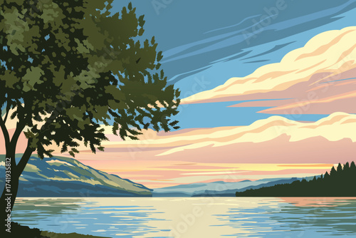 Peaceful lake landscape with distant mountains and vibrant sunset sky