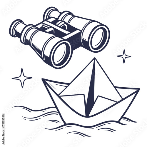 Binoculars and Paper Boat Exploring the Seas of Imagination in Line Art